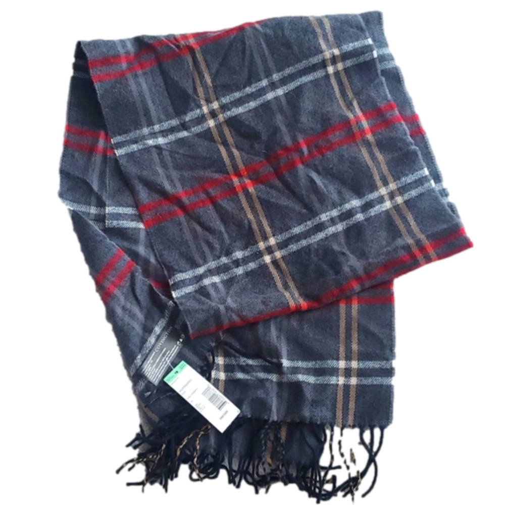 Vintage Covington Wool Looking Grey Plaid w Tassels Wrap Scarf New Old Stock